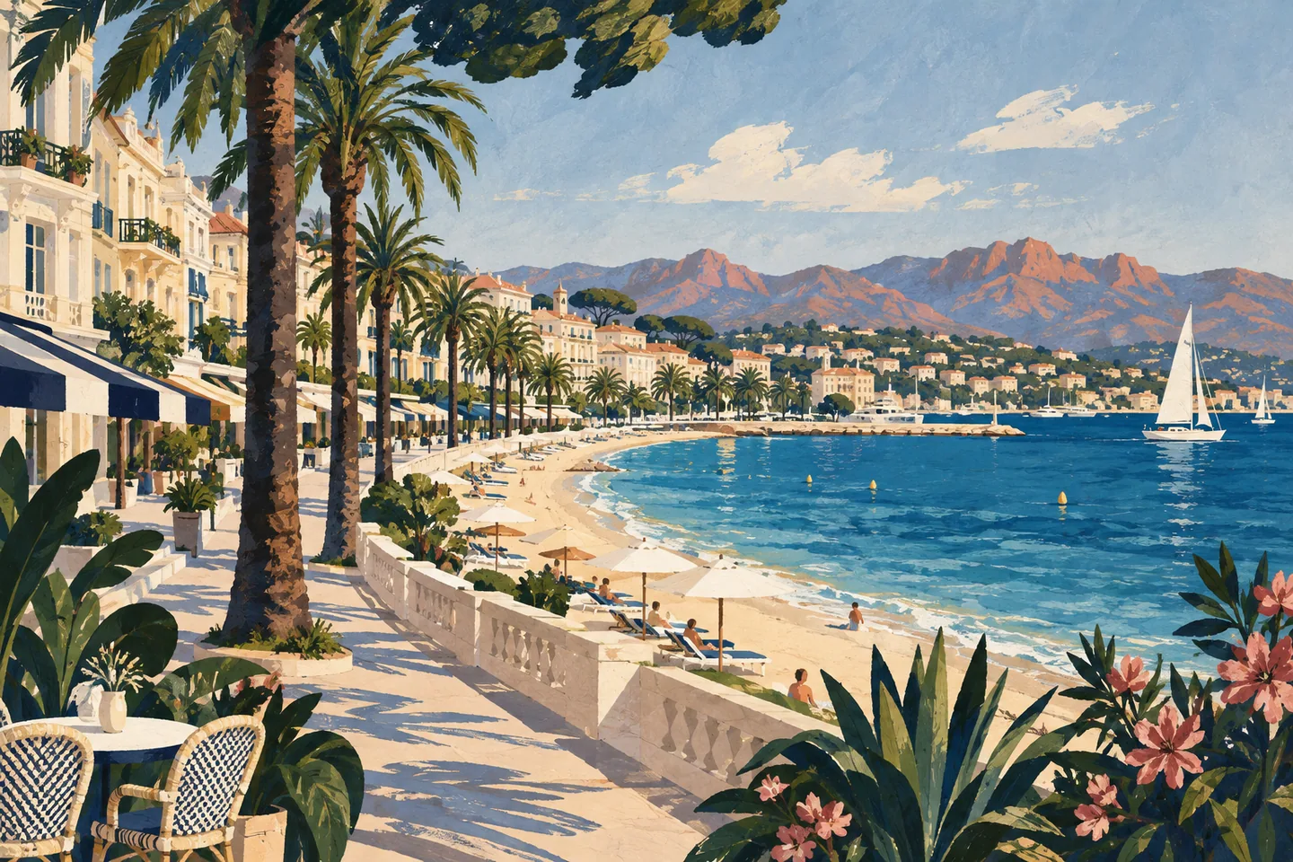 Illustration éditoriale évoquant l’ambiance de Cannes La Bocca, à Cannes
