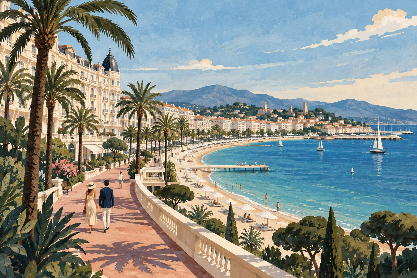 Illustration éditoriale évoquant l’ambiance de La Croisette, à Cannes
