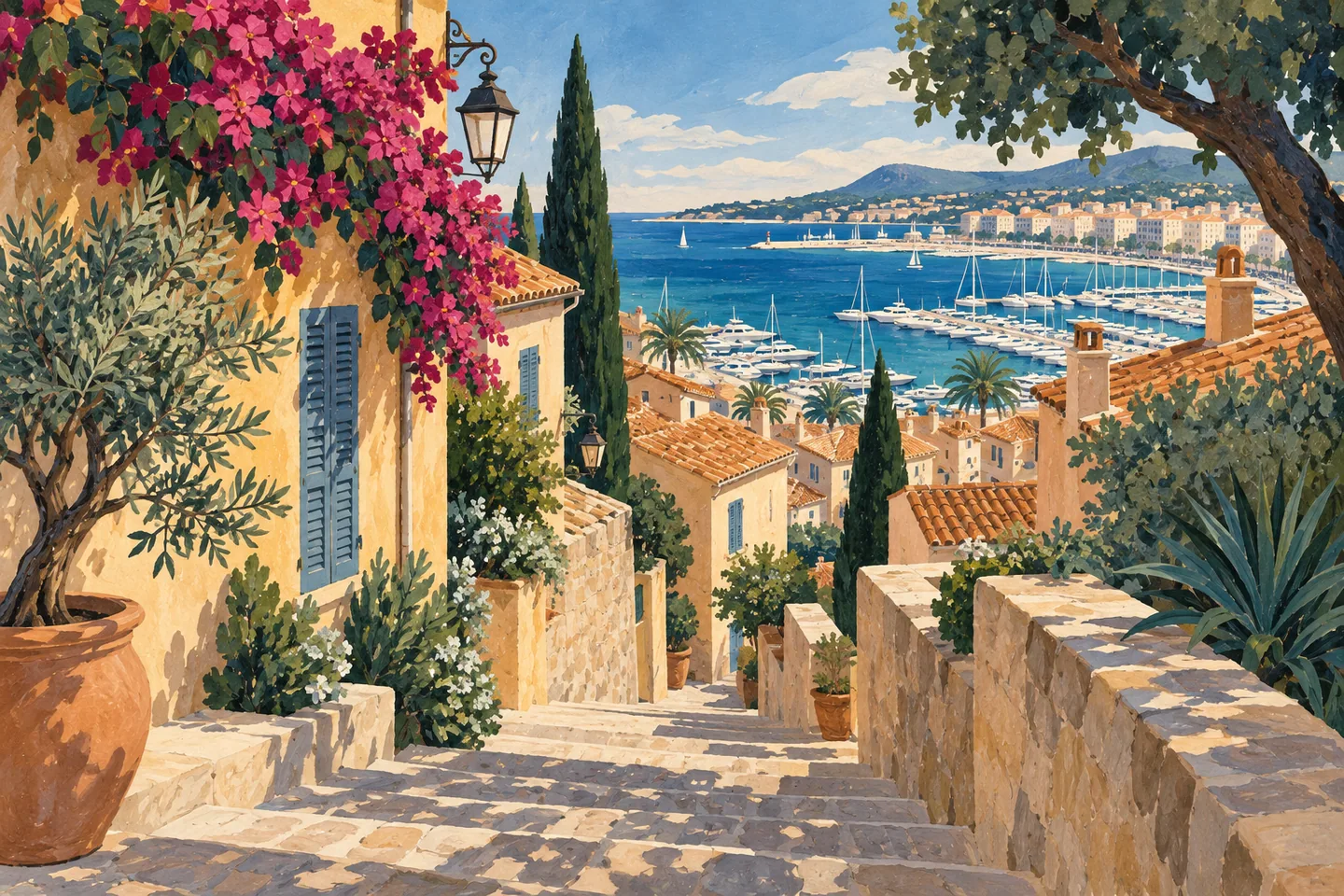 Illustration éditoriale évoquant l’ambiance de Le Suquet, à Cannes