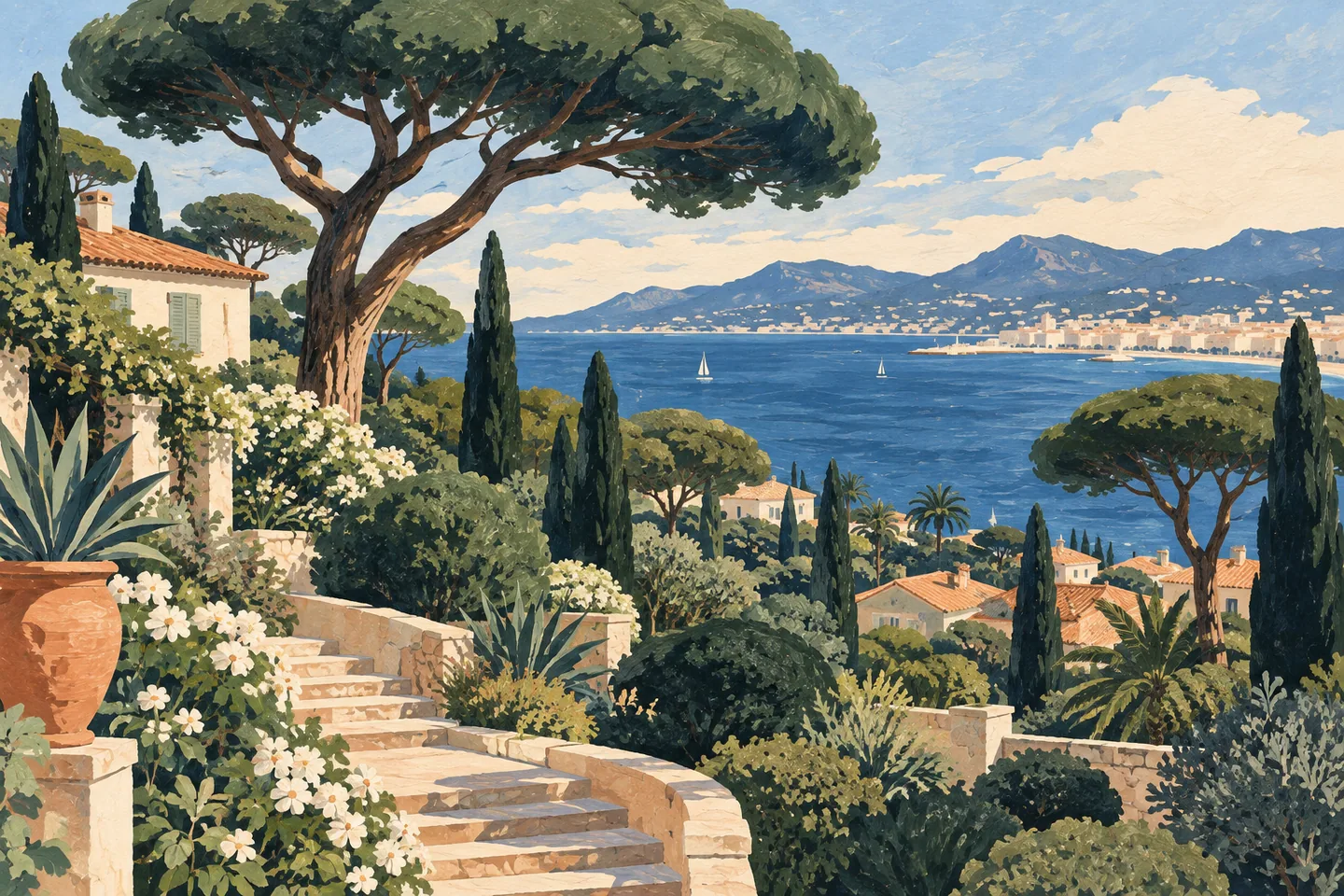 Illustration éditoriale évoquant l’ambiance de Montrose, à Cannes