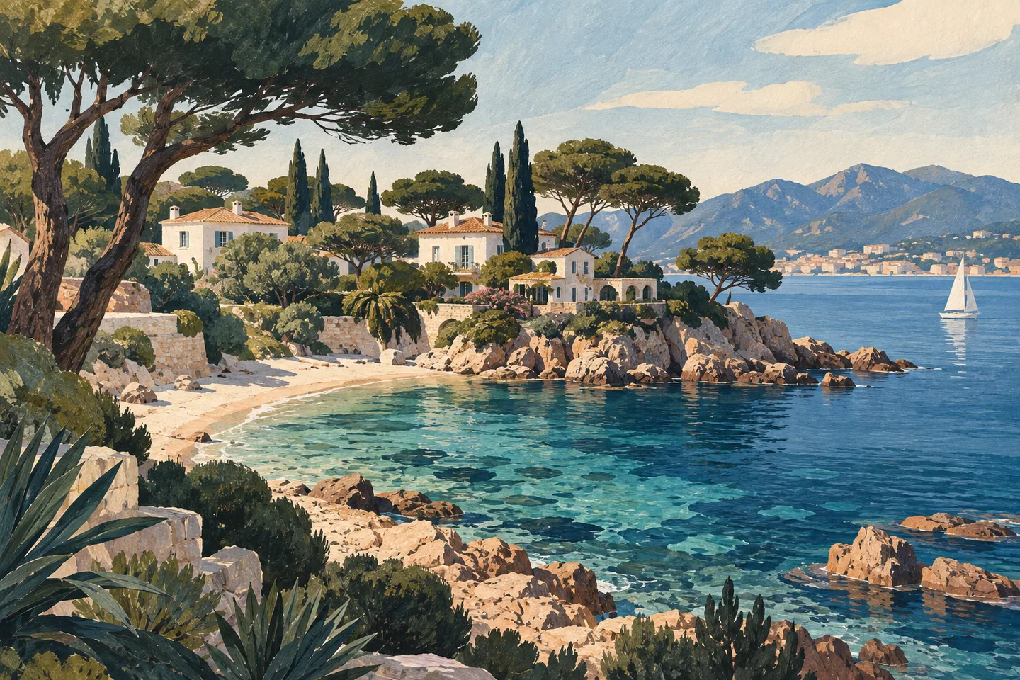 Illustration éditoriale évoquant l’ambiance de Palm Beach, à Cannes
