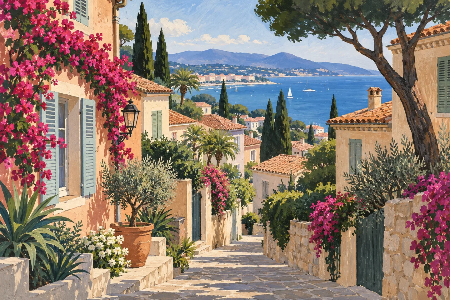 Illustration éditoriale évoquant l’ambiance de Petit Juas, à Cannes