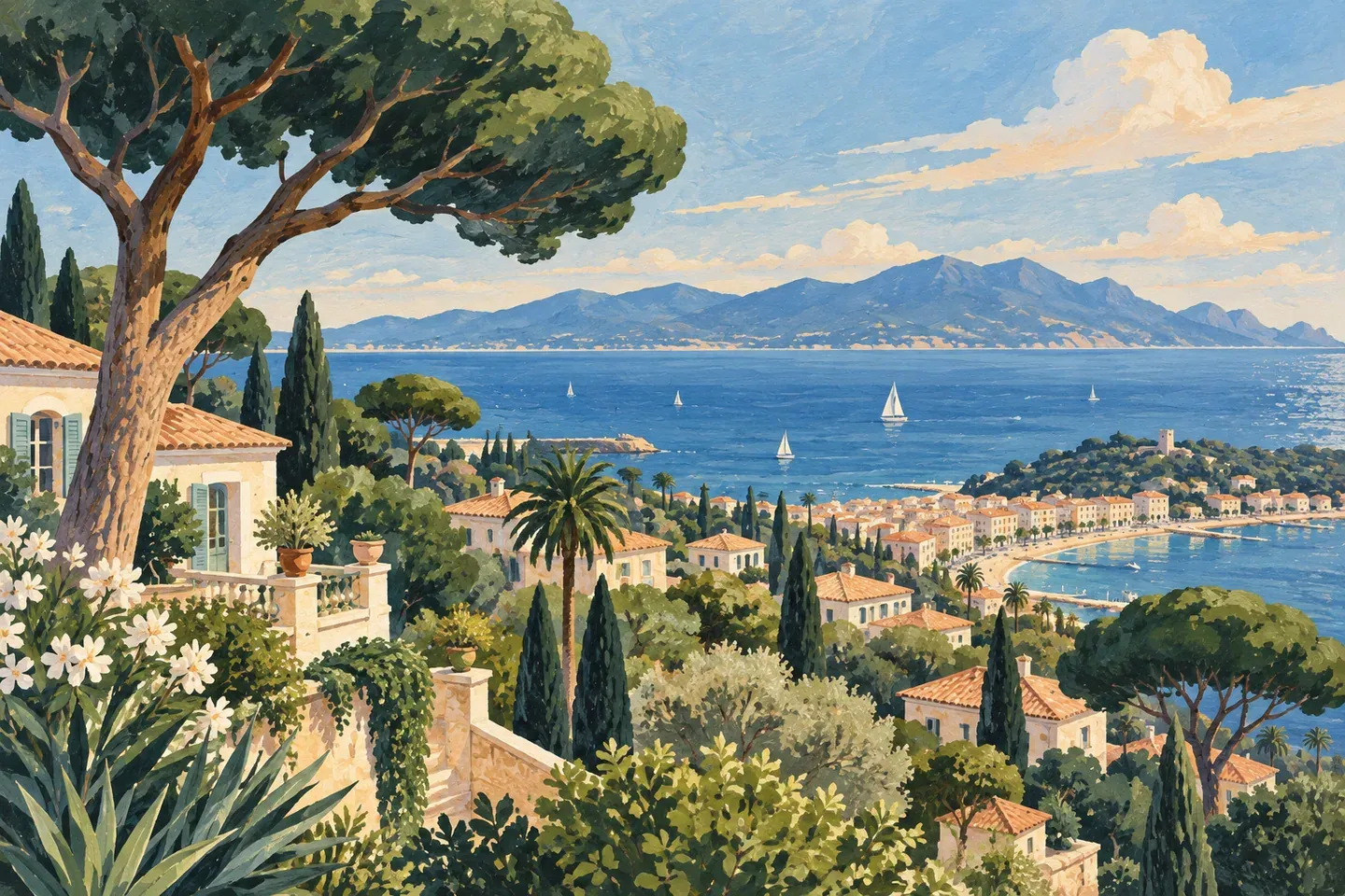 Illustration éditoriale évoquant l’ambiance de Californie, à Cannes