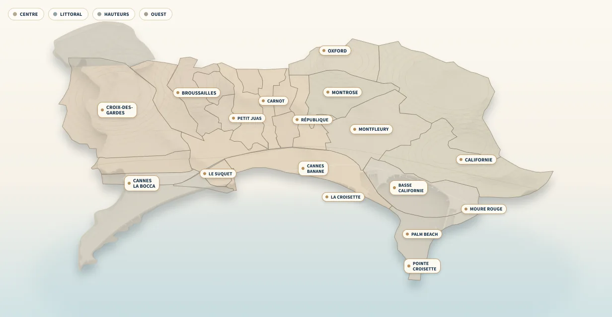 Carte illustrative des quartiers de Cannes pour préparer un projet d’achat
